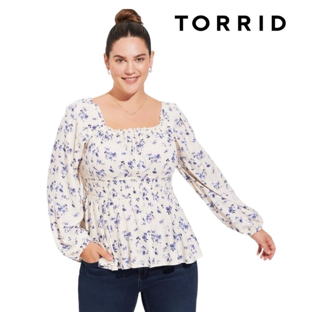 NWT TORRID Rayon Slub Waist Detail Blouson Sleeved Blouse in Floral White 2X